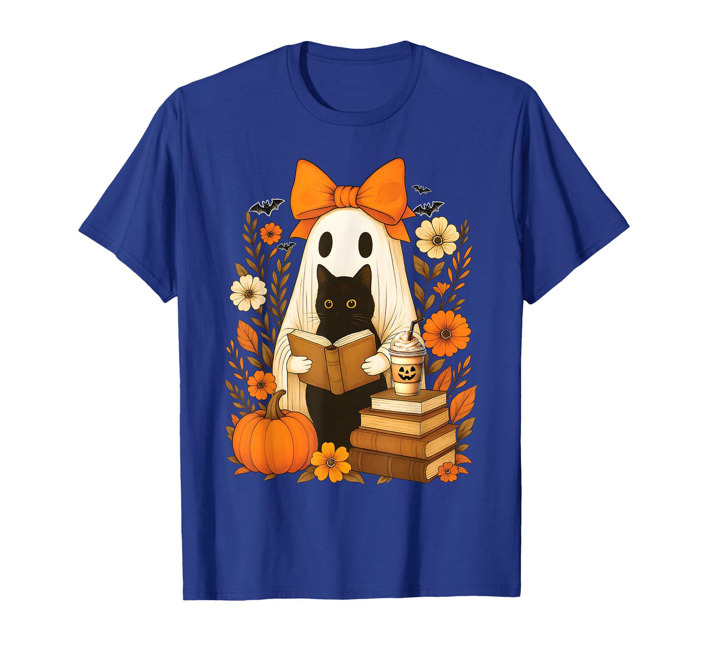 Groovy Floral Vintage Halloween Ghost Reading Book Cat Lover T-Shirt