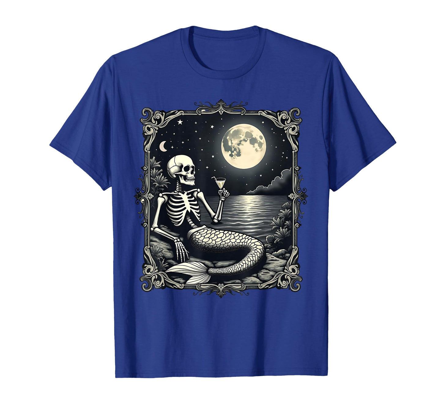 Funny Skeleton Mermaid at Full Moon Cool Mermaid Graphic T-Shirt