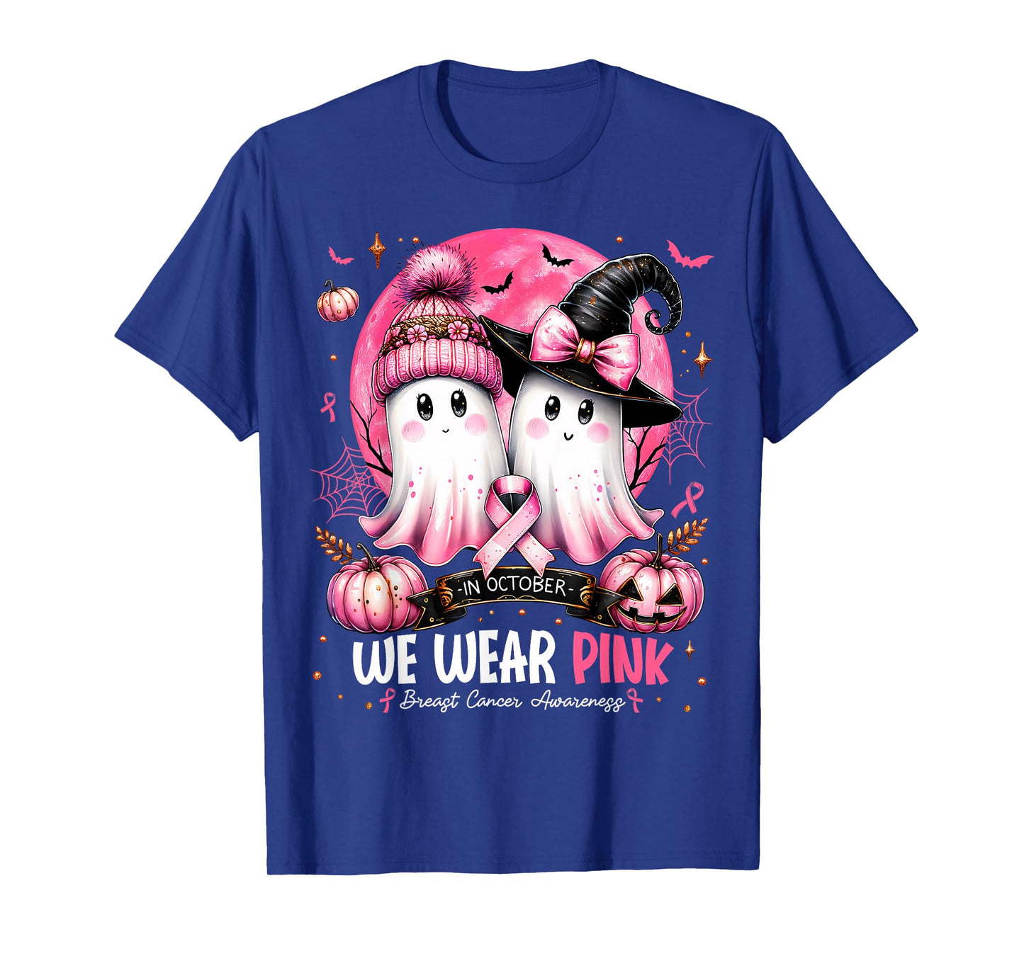 in October We Wear Pink Ghost Witch Breast Cancer Awareness T-Shirt