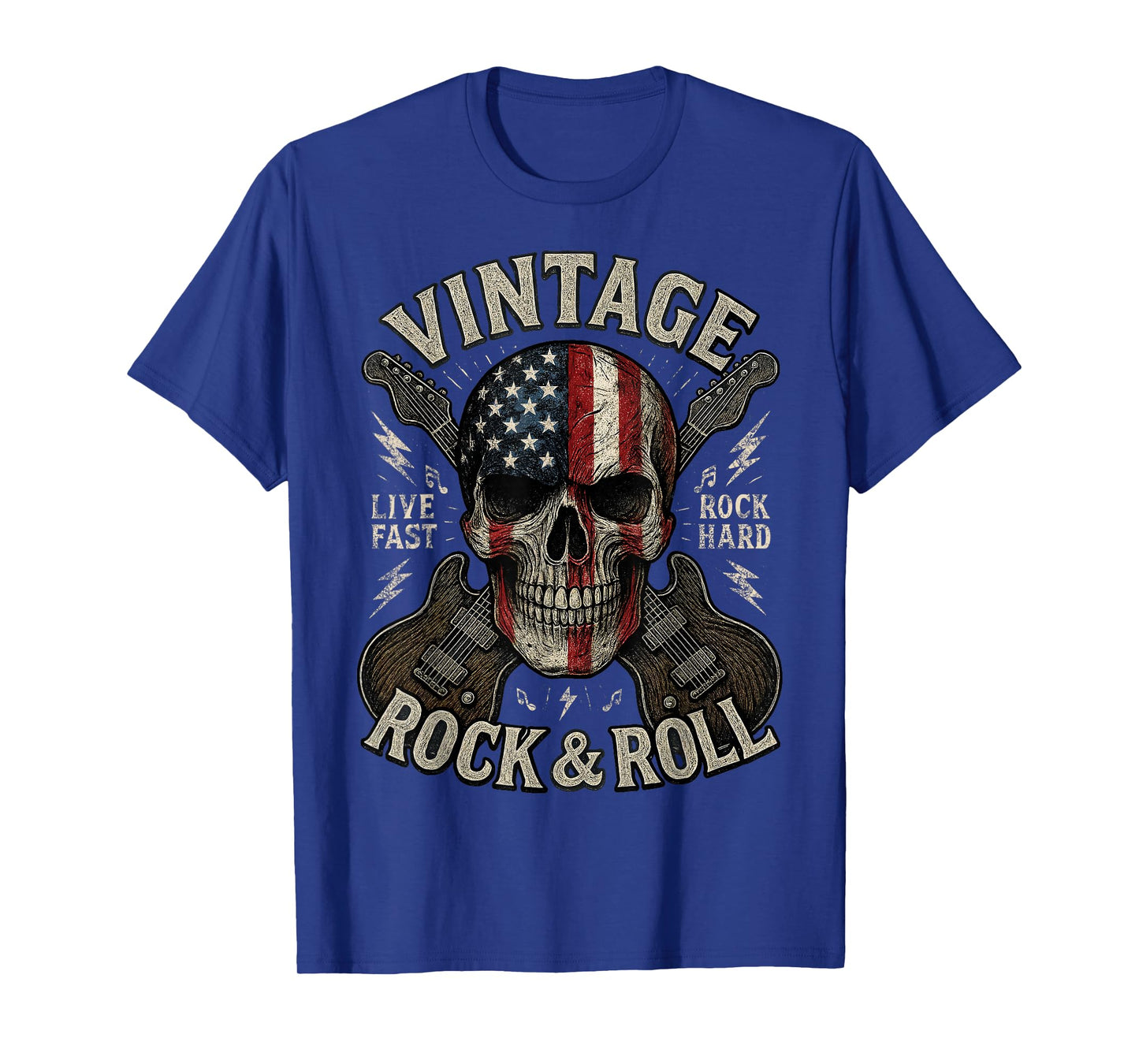 Vintage Rock Skull American Flag Guitar Retro Rock and Roll T-Shirt