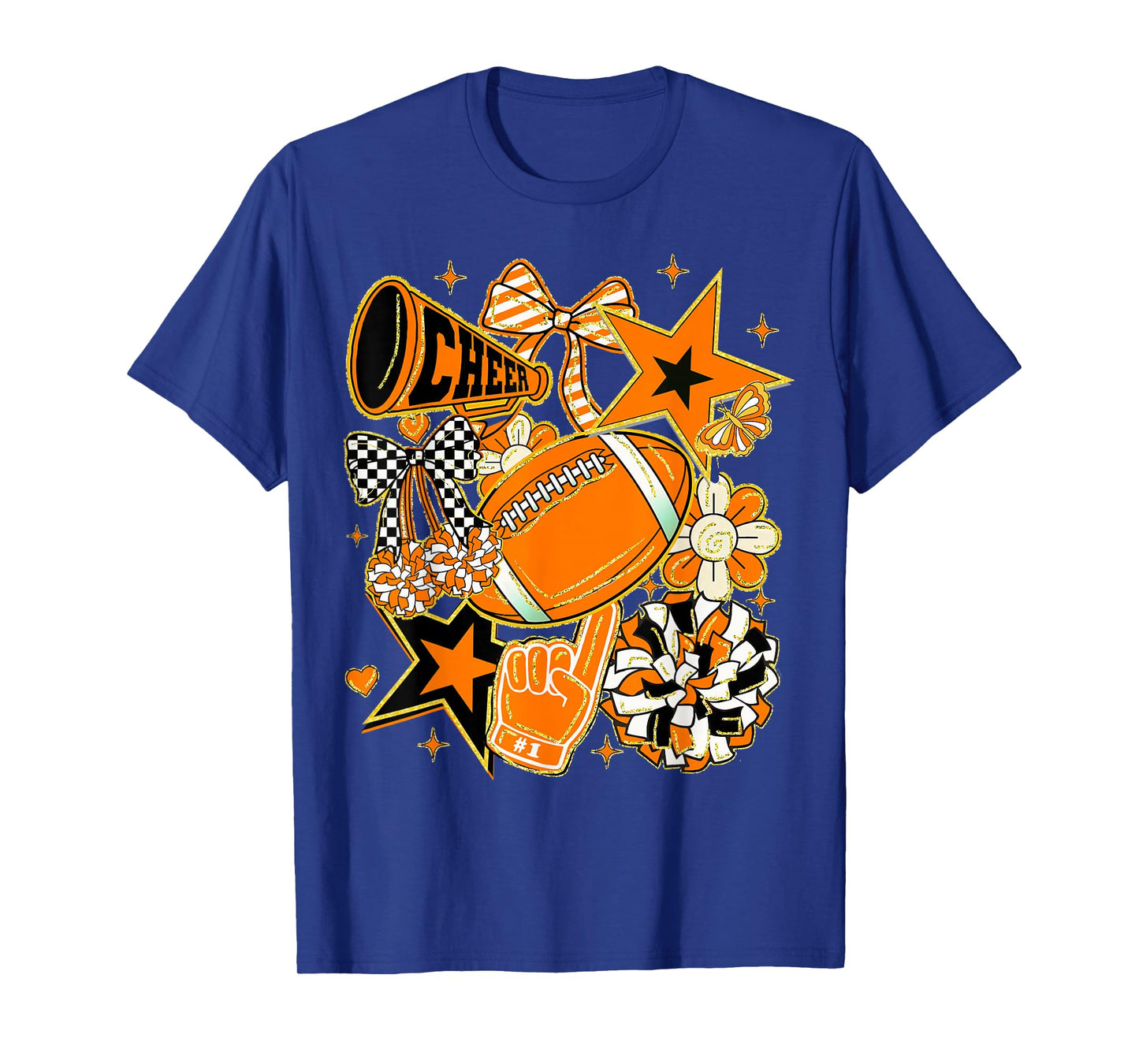 Coquette Bow Football Orange Black Game Cheer Mom Touchdown T-Shirt