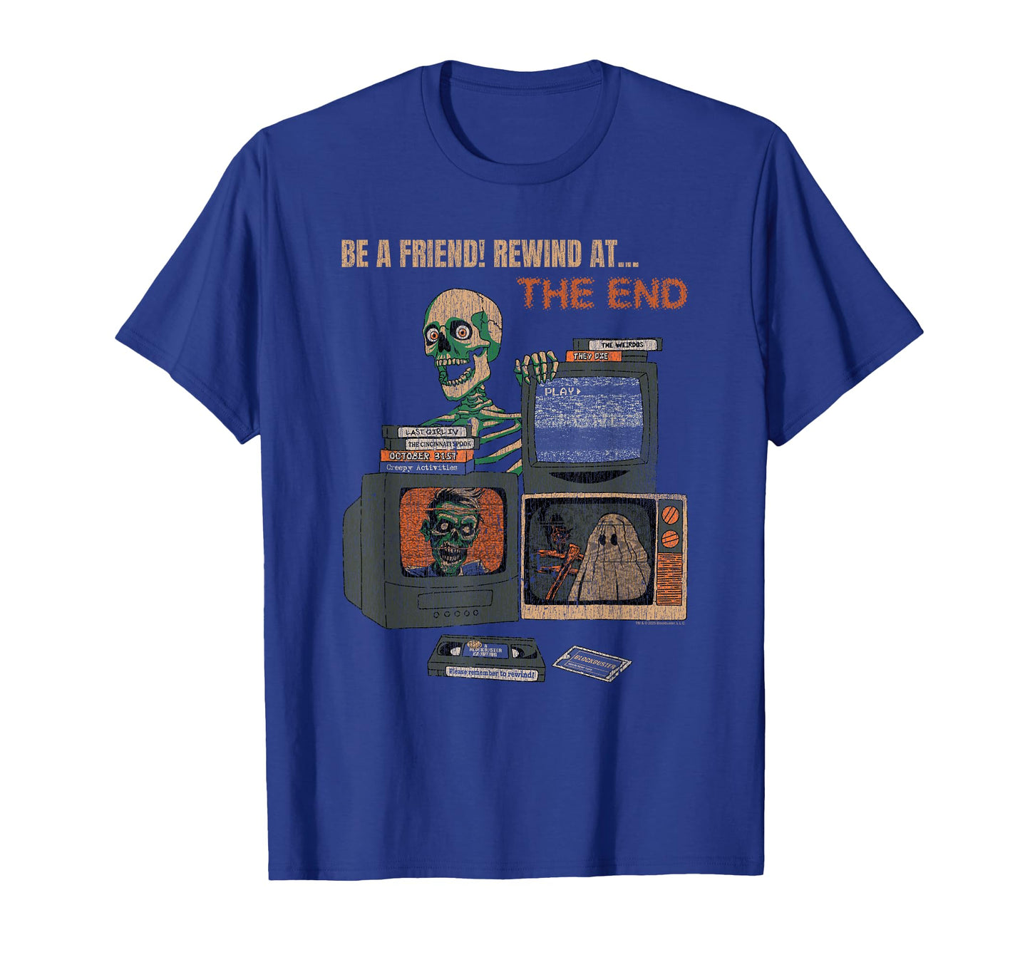 Blockbuster Rewind At the End Horror Movie Skeleton Vintage T-Shirt