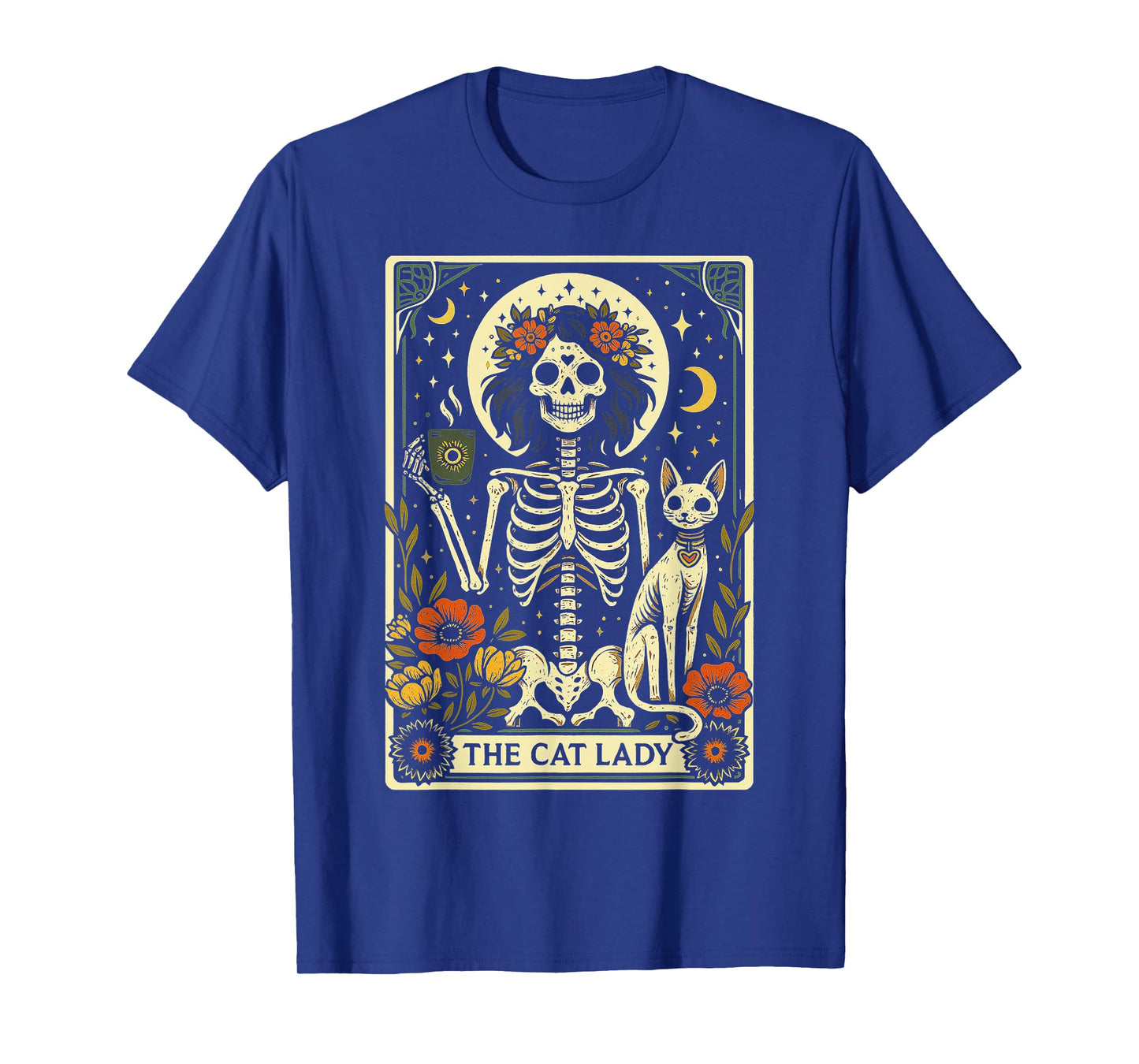 Mystic Skeleton The Cat Lady With Coffee Tarot Card Vibes T-Shirt