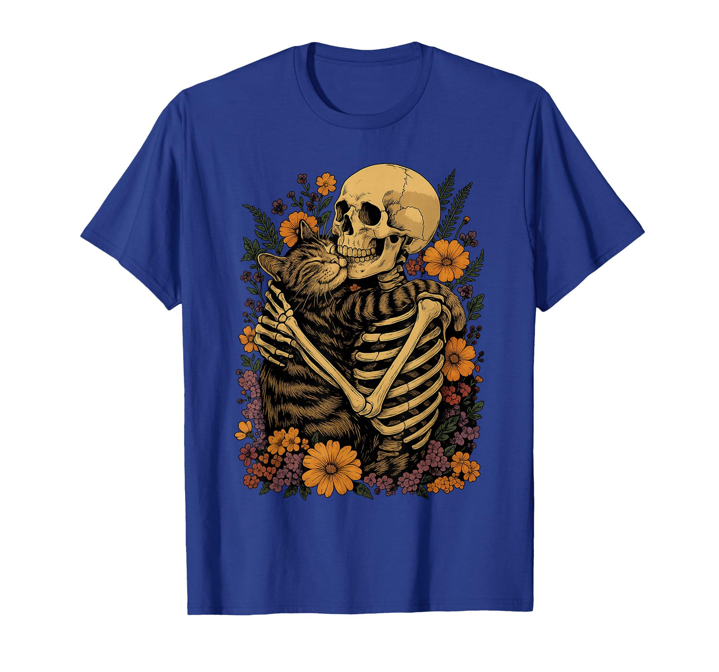 Skeleton Hugging Cat Floral Halloween Cats Lover T-Shirt