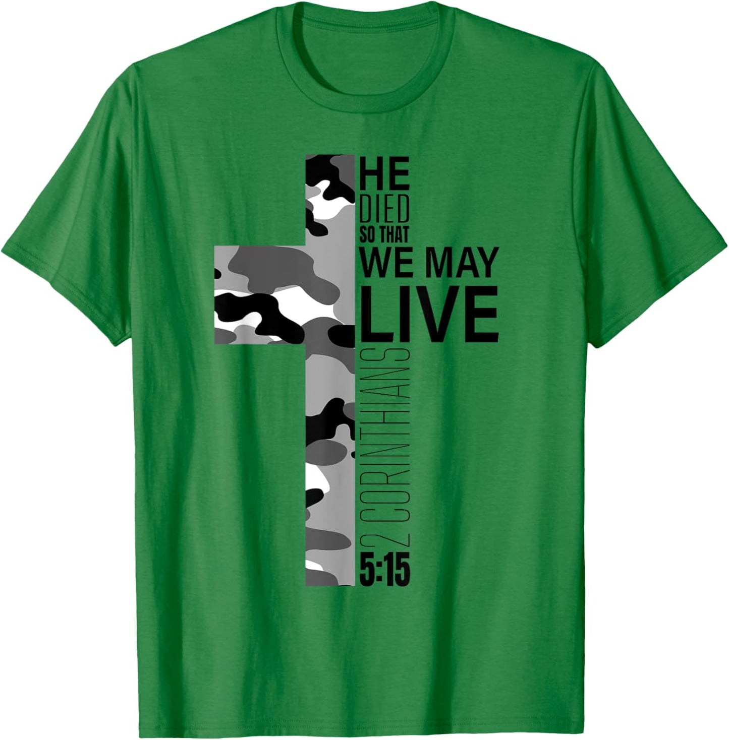 Christian Bible Verse Black White Camo Cross Easter Graphic T-Shirt - T-Shirt | Irish Green