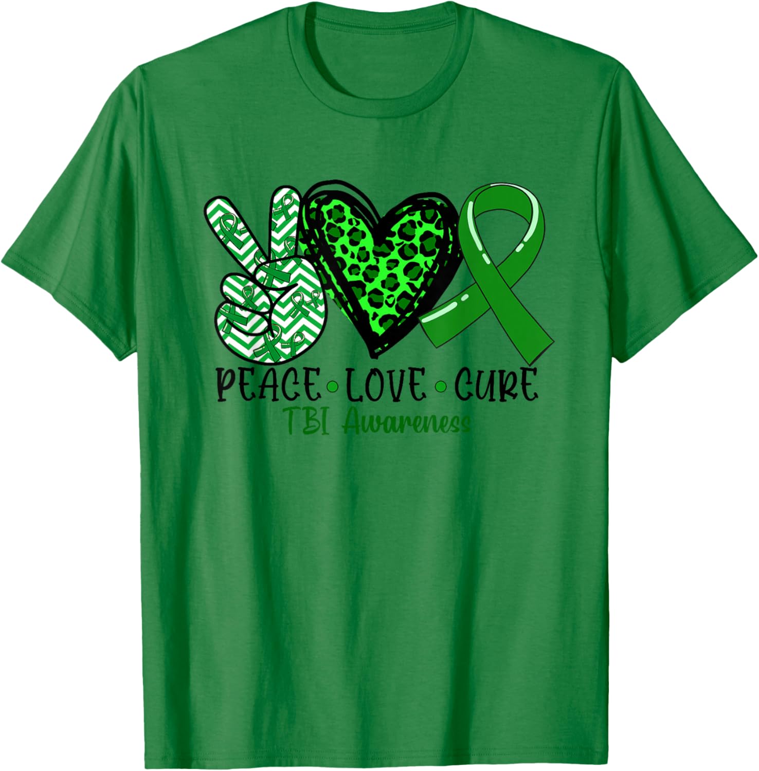 Peace Love Cure TBI Traumatic Brain Injury Awareness T-Shirt - T-Shirt | Irish Green