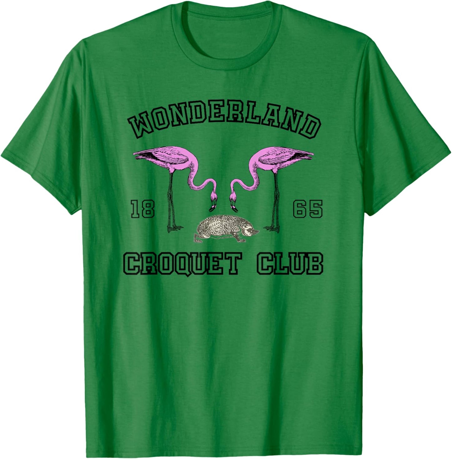 Lispe Wonderland Croquet Club with Flamingos and Hedgehog , White T-Shirt - T-Shirt | Irish Green