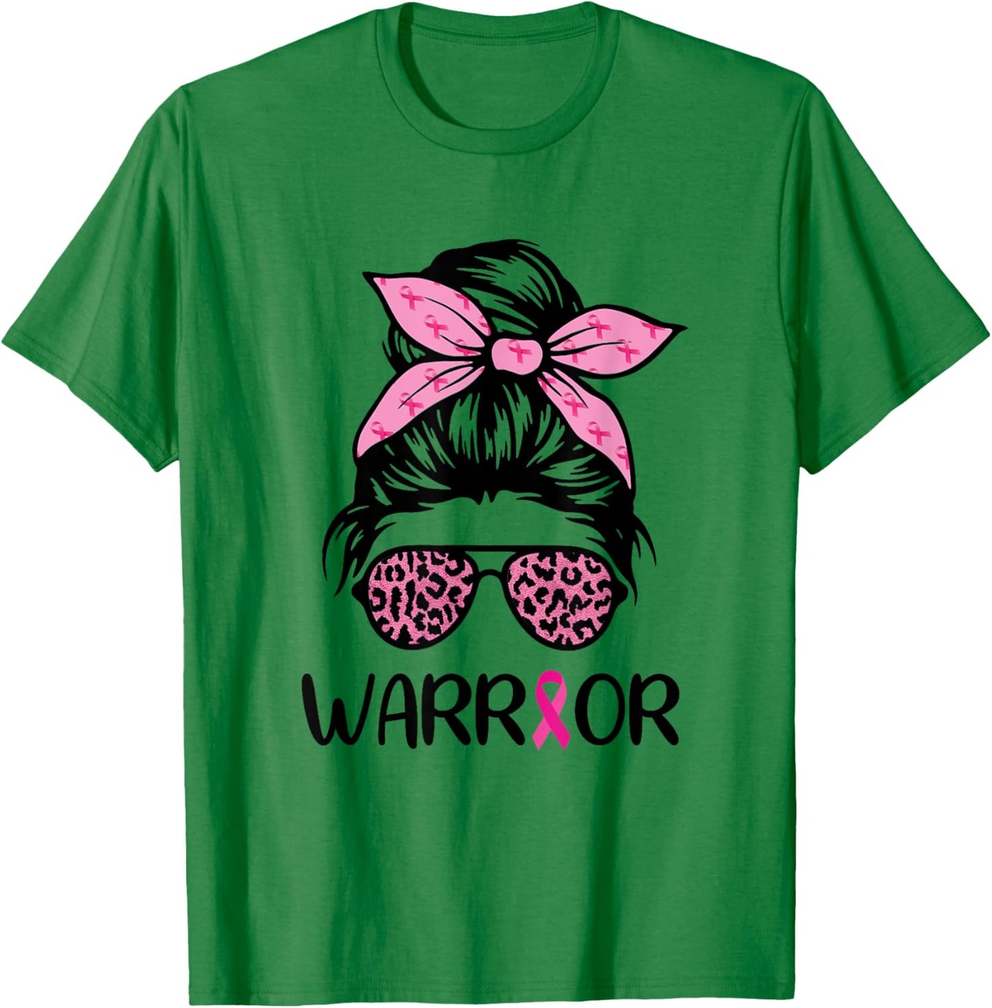 Warrior Breast Cancer Awareness Messy Bun Leopard Pink T-Shirt - T-Shirt | Irish Green