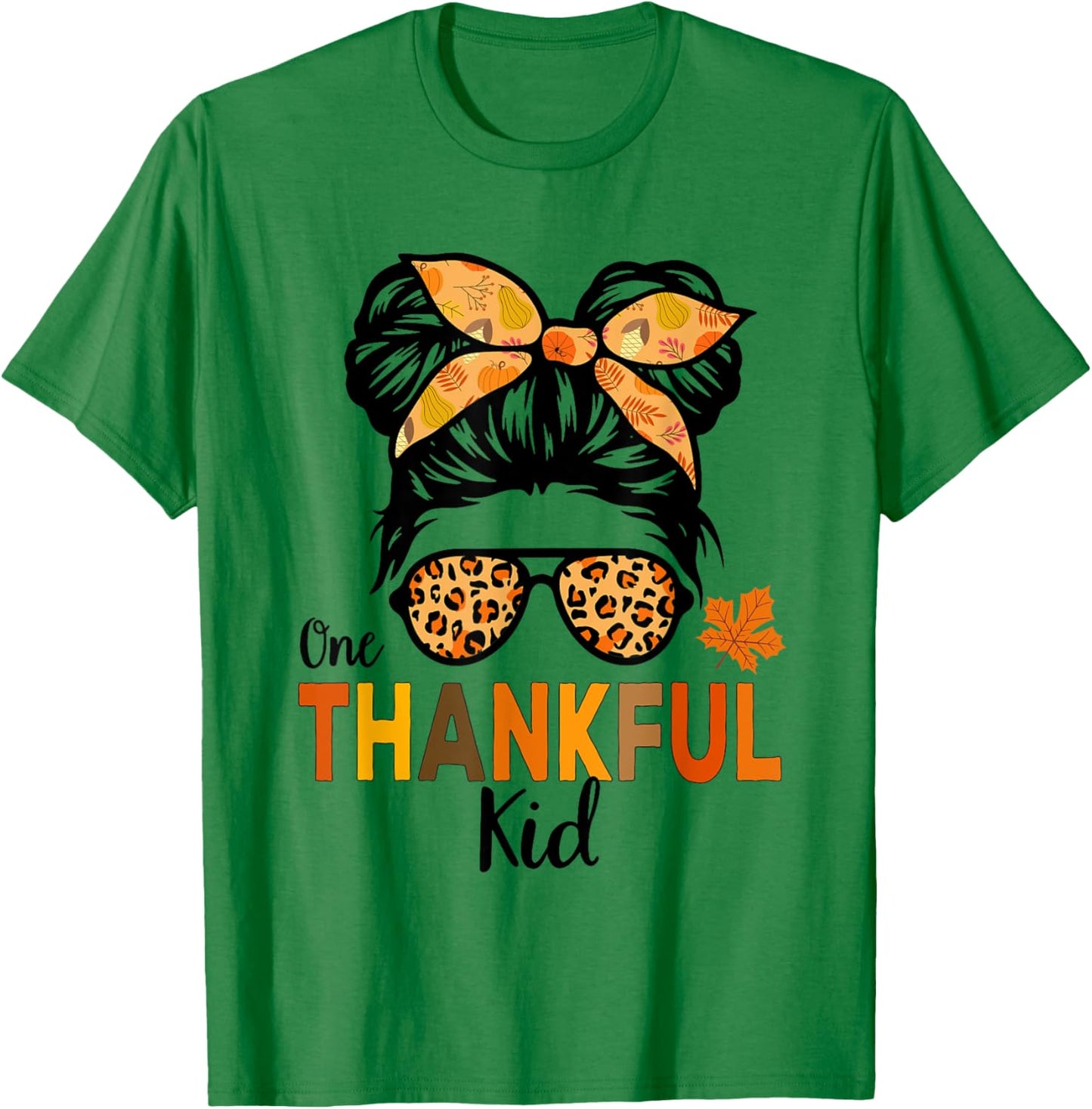 Thanksgiving Shirts for Girls One Thankful Kid Messy Bun T-Shirt - T-Shirt | Irish Green