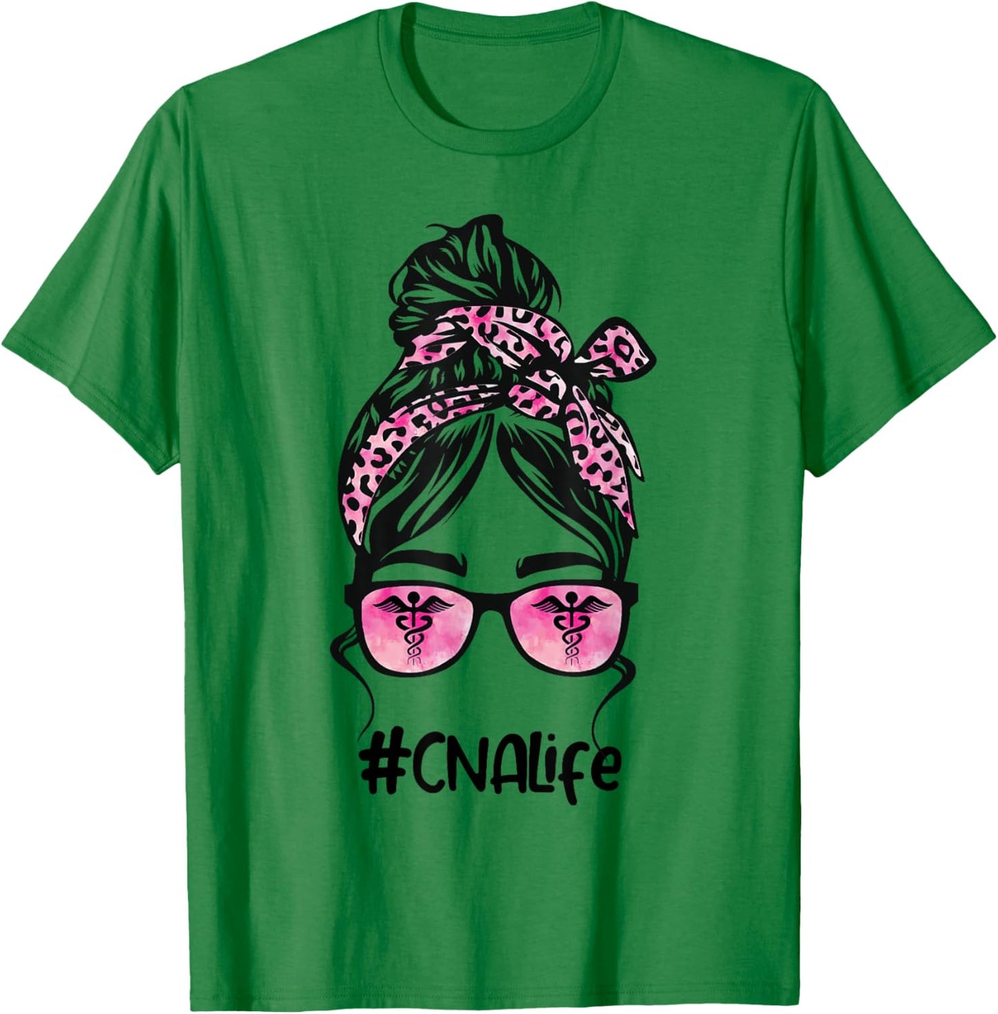 CNA Nurse Life Bleached Pink Leopard Messy Bun T-Shirt - T-Shirt | Irish Green