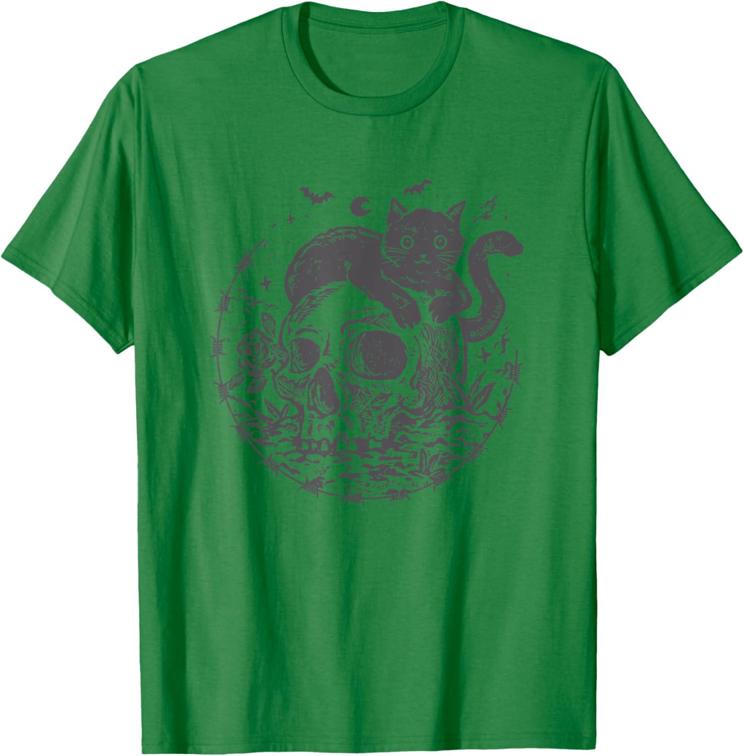 Mysterious Black Cat On A Skull Witchy Aesthetic Grunge T-Shirt - T-Shirt | Irish Green