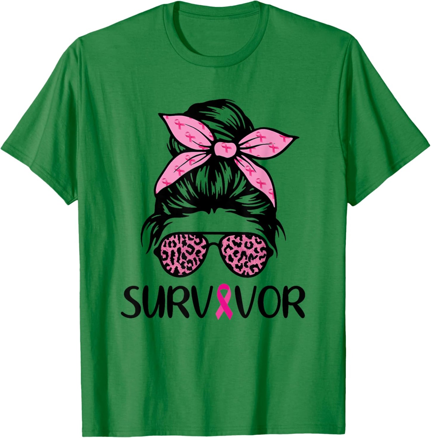 Survivor Breast Cancer Awareness Shirt Messy Bun Pink T-Shirt - T-Shirt | Irish Green
