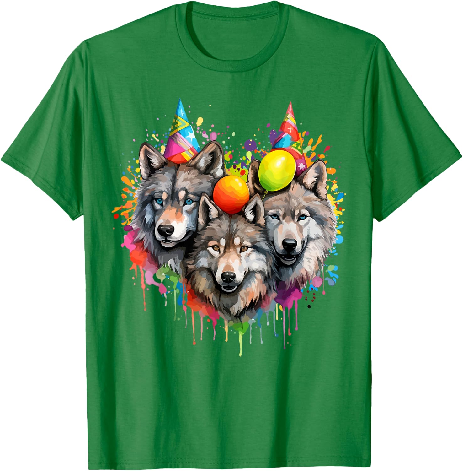 Wolf Birthday Pack Party Wolves Lover Balloon Wolf Themed T-Shirt - T-Shirt | Irish Green