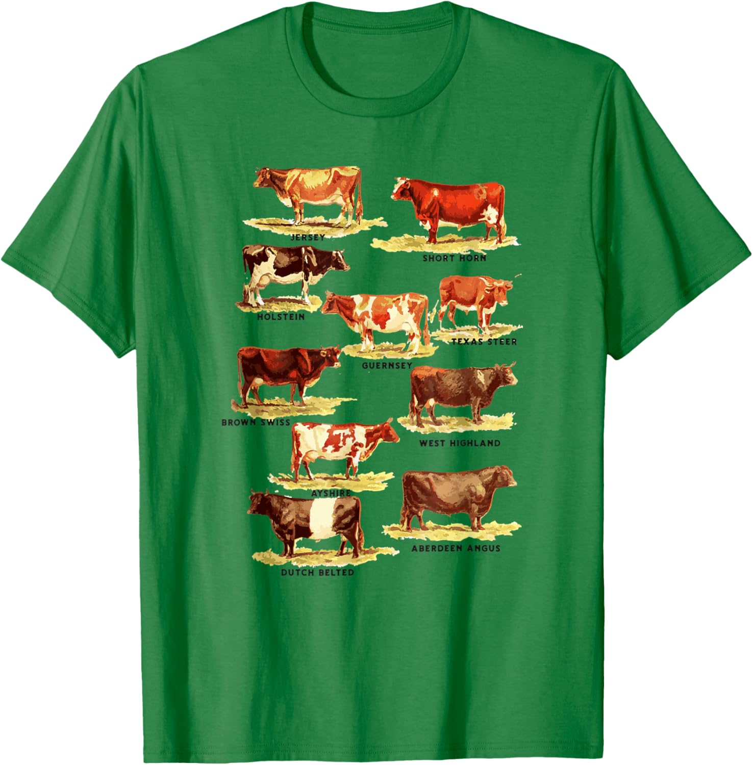 Vintage Cow Breeds Retro Farmer Beef and Dairy Graphic T-Shirt - T-Shirt | Irish Green