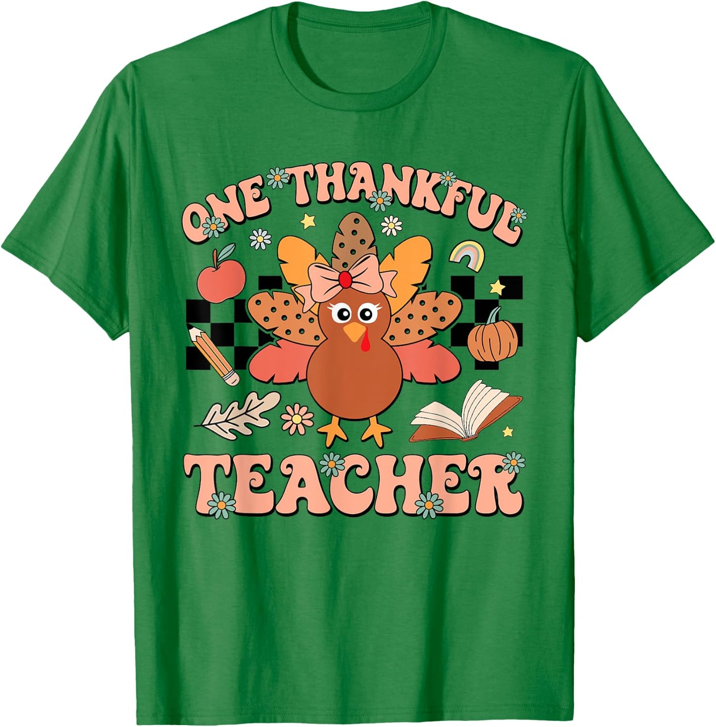One Thankful Teacher Thanksgiving Retro Groovy Fall Teachers T-Shirt - T-Shirt | Irish Green