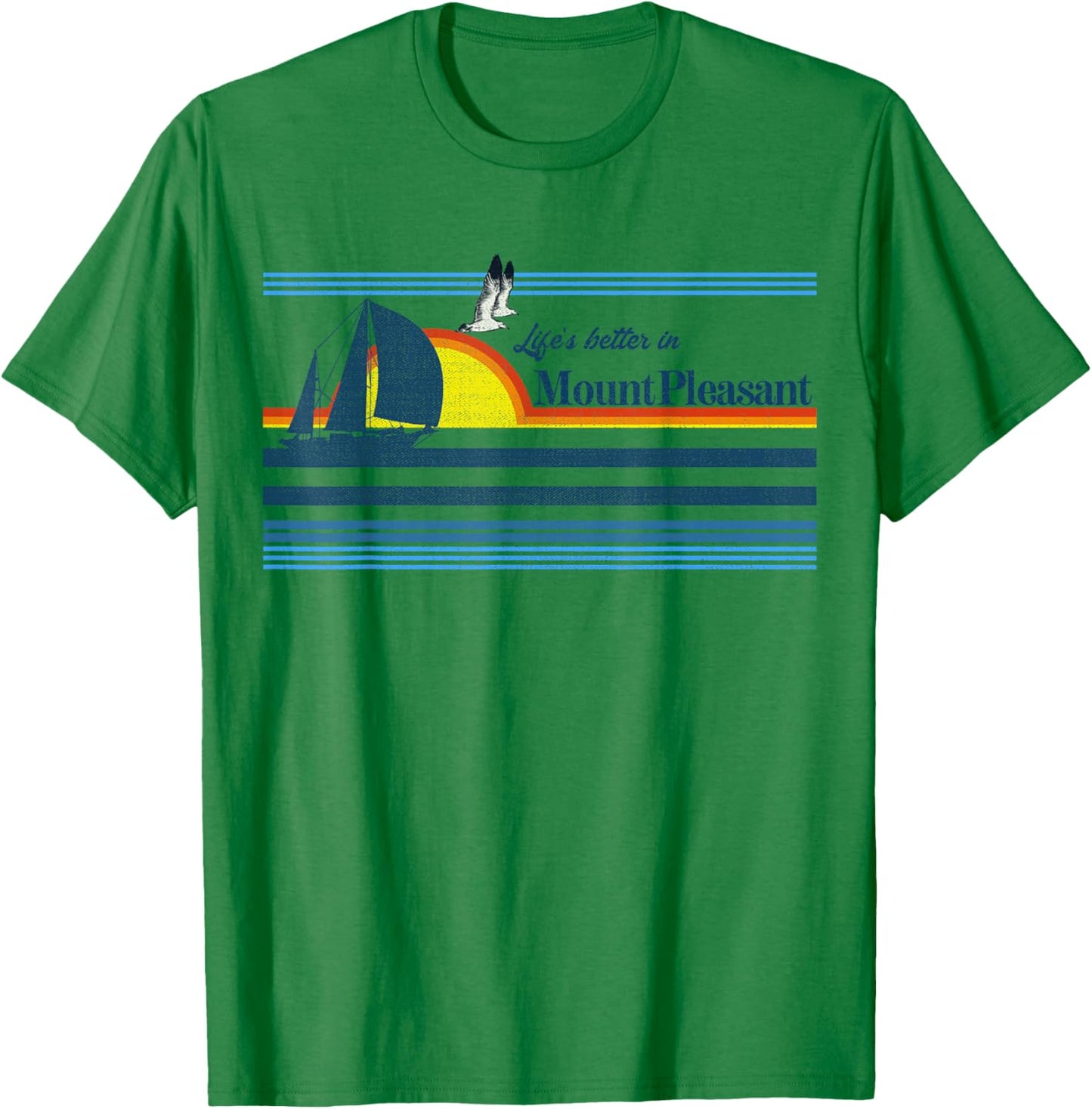 Mount Pleasant SC - Beach Retro 70s 80s Sailing Boat Sunset T-Shirt - T-Shirt | Irish Green