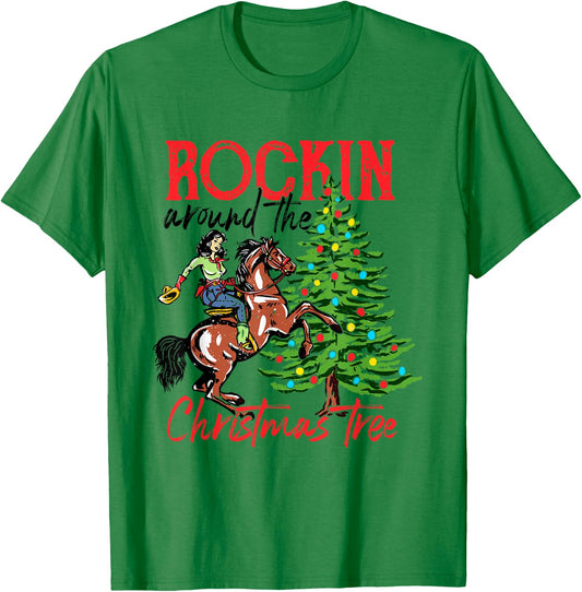 Funny Western Cowgirl Horsing Rocking Around Christmas Tree T-Shirt - T-Shirt | Irish Green