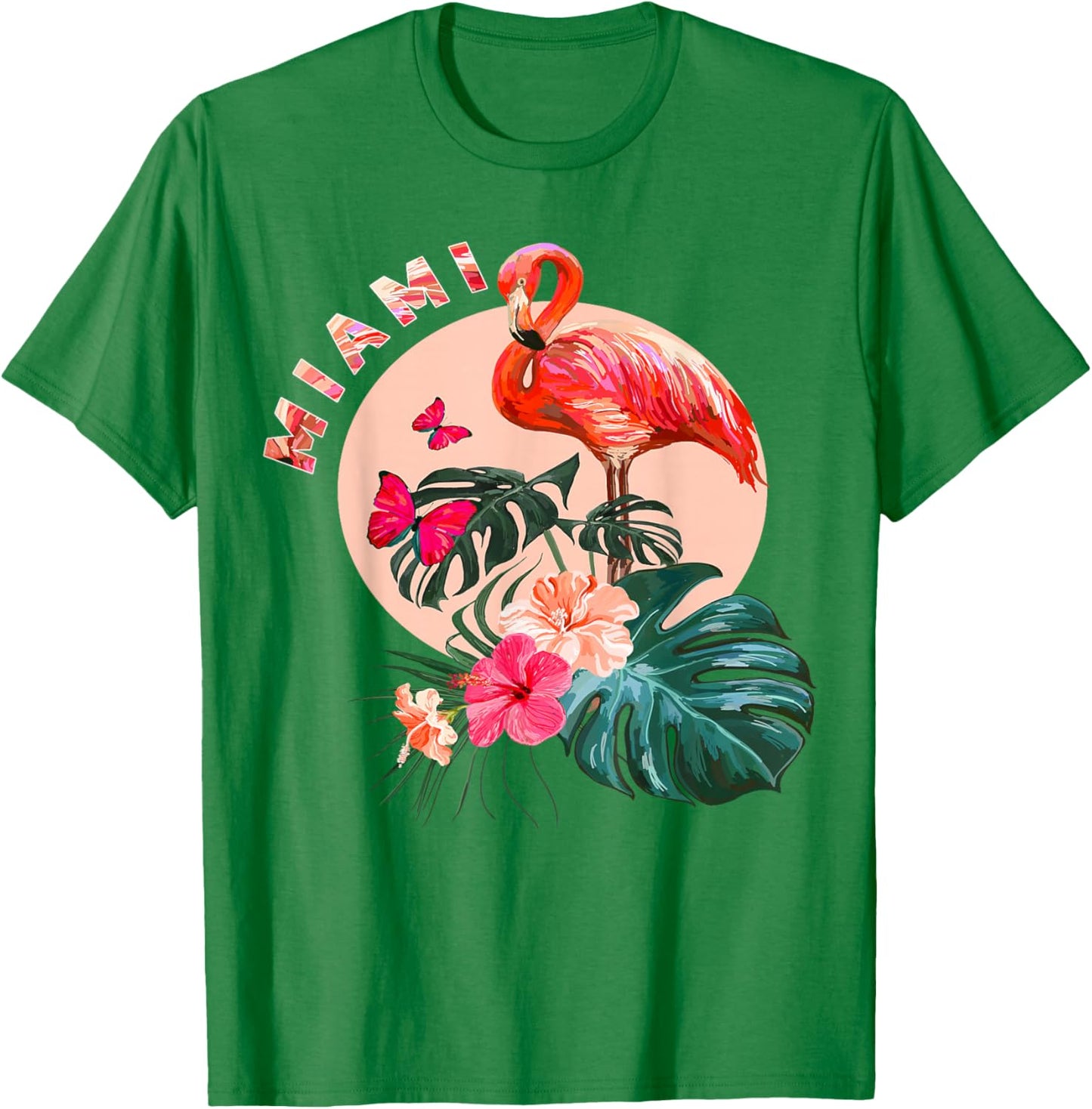Miami Beach Florida Flamingo Sunset - Flowers Miami Souvenir T-Shirt - T-Shirt | Irish Green