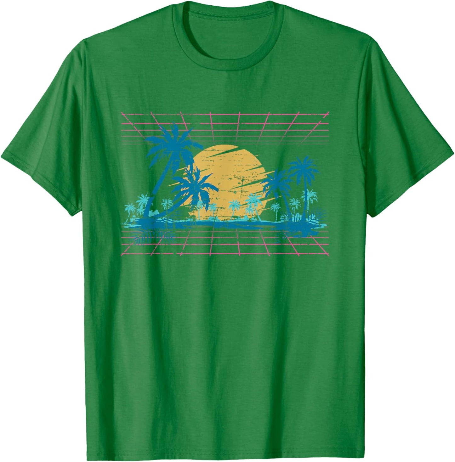 Sunset Palm Trees Beach 80s Art Vaporwave Tropical Summer T-Shirt - T-Shirt | Irish Green