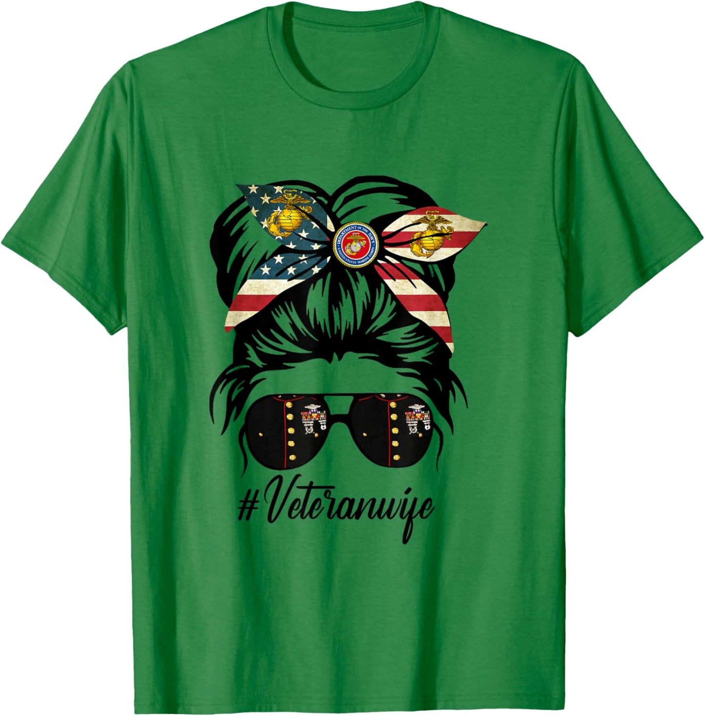 Women Veteran Wife Military Patriotic Messy Bun Hair T-Shirt - T-Shirt | Irish Green