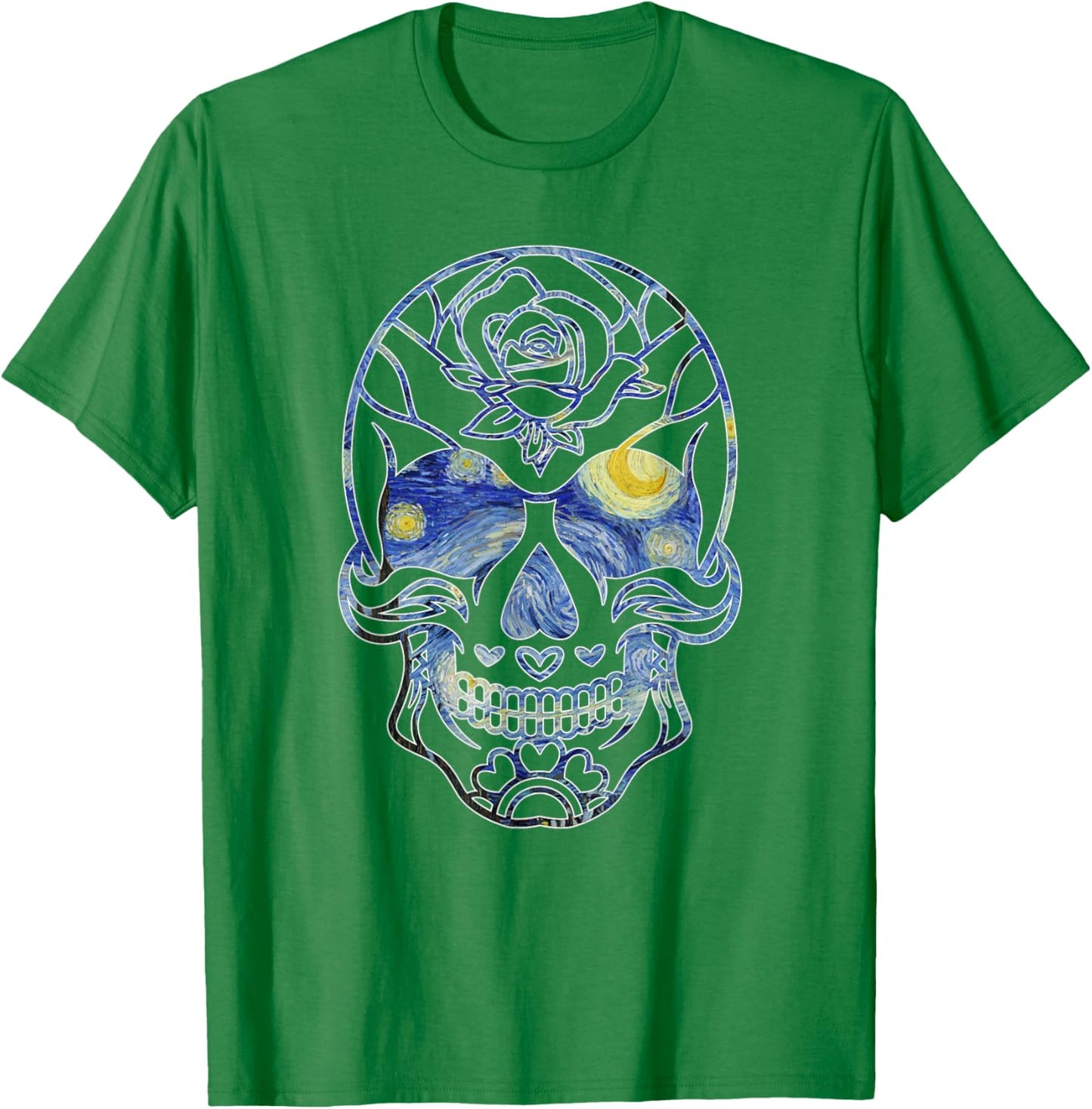 Van Gogh Starry Night Sugar Skull Day of the Dead Art T-Shirt - T-Shirt | Irish Green