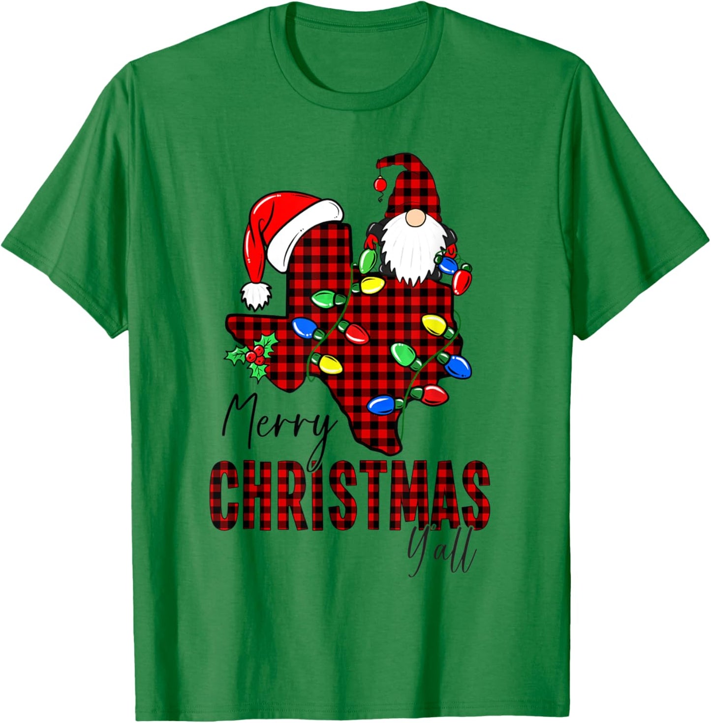 Merry Christmas Y'all Texas State Red Plaid T-Shirt - T-Shirt | Irish Green