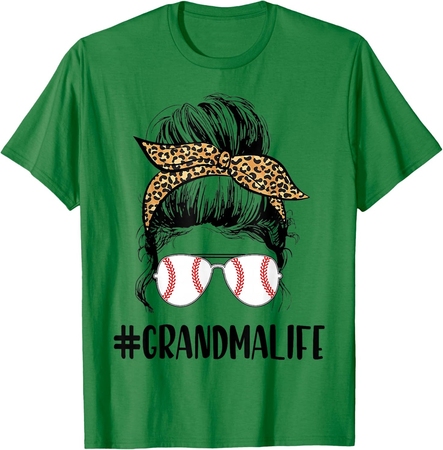 T-ball Grandma Life Messy Bun Leopard Print Softball T-Shirt - T-Shirt | Irish Green