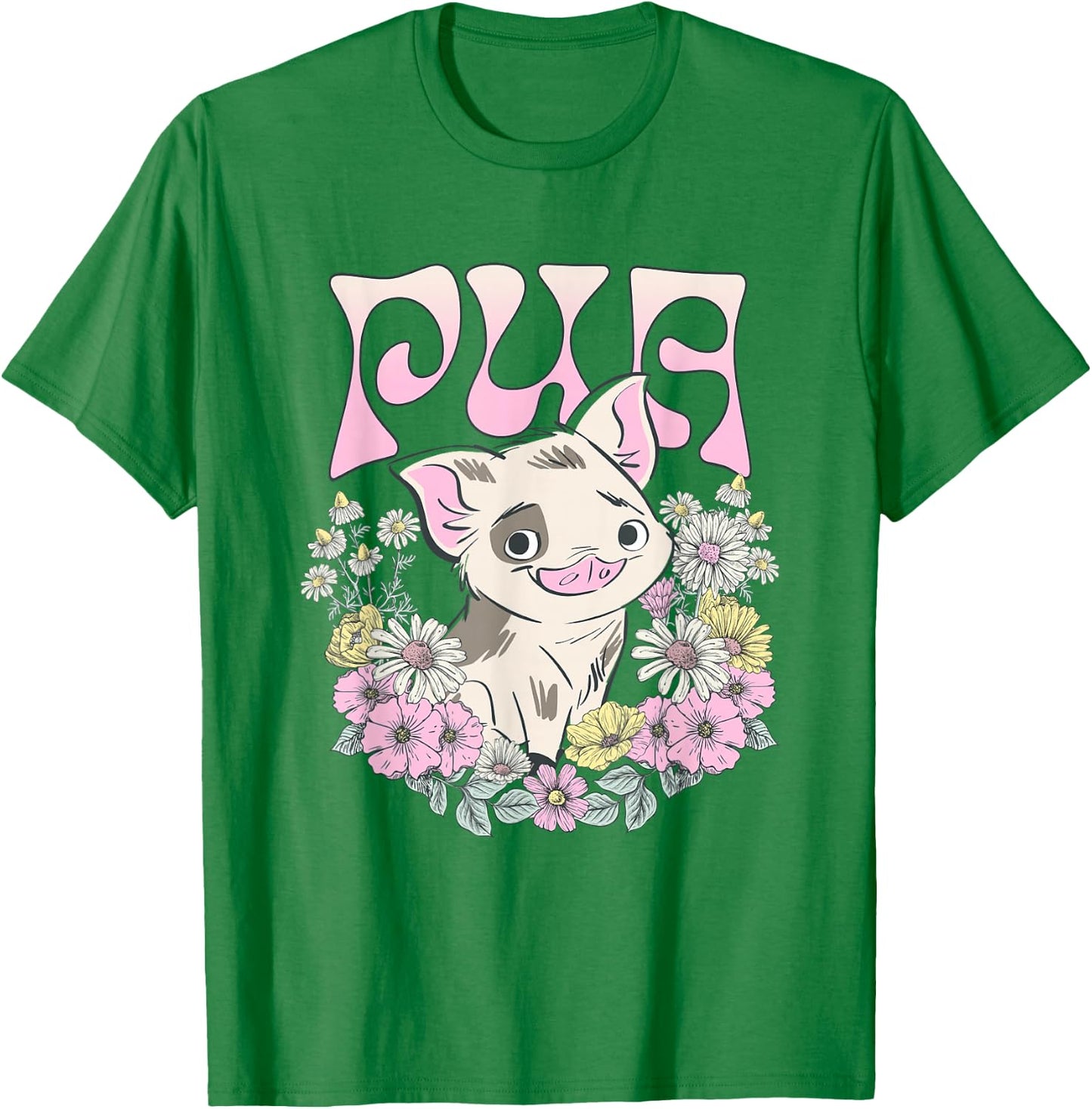 Disney Moana Cute Pua Pose Floral Frame Big Chest Poster T-Shirt - T-Shirt | Irish Green