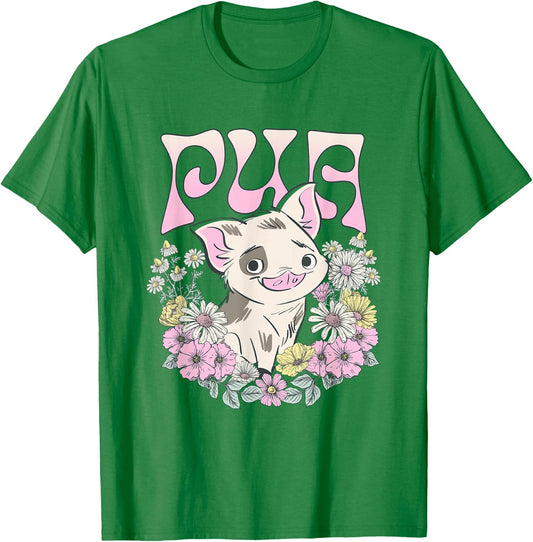 Disney Moana Cute Pua Pose Floral Frame Big Chest Poster T-Shirt - T-Shirt | Irish Green