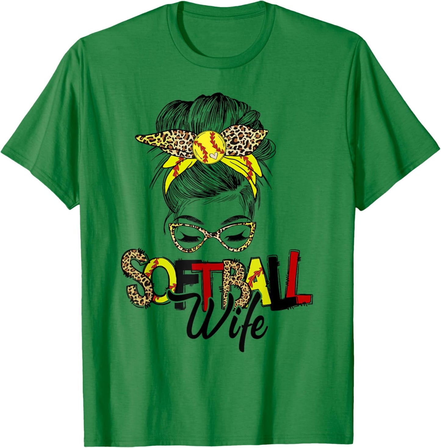 Softball Wife Life With Leopard Messy Bun Mother's Day T-Shirt - T-Shirt | Irish Green