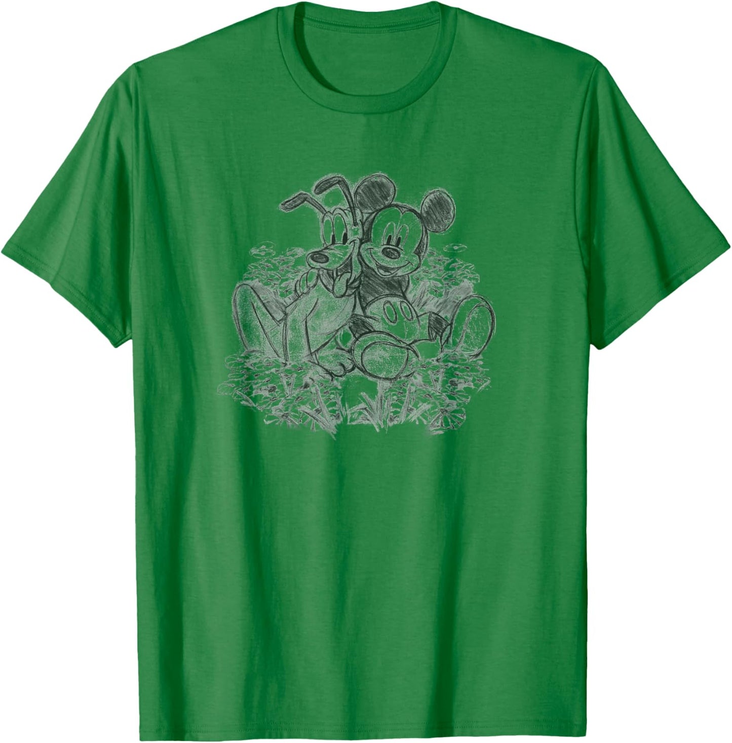 Disney Mickey & Friends Mickey and Pluto Floral Sketch T-Shirt - T-Shirt | Irish Green