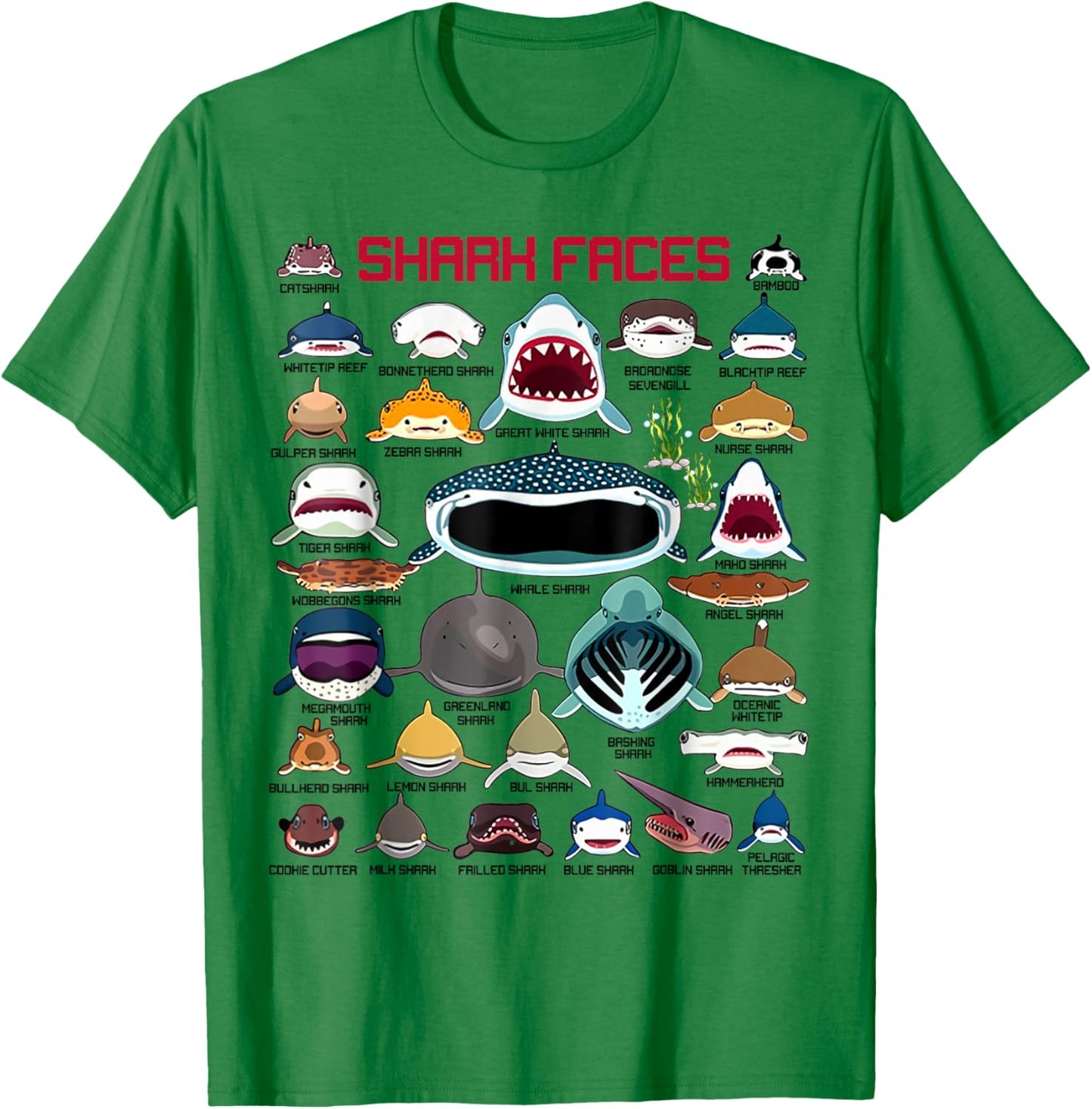 Funny Shark Faces Types Of Sharks Shark Lover Marine Biology T-Shirt - T-Shirt | Irish Green