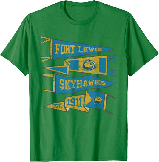 Fort Lewis College FLC Skyhawks Distressed Pennants T-Shirt - T-Shirt | Irish Green