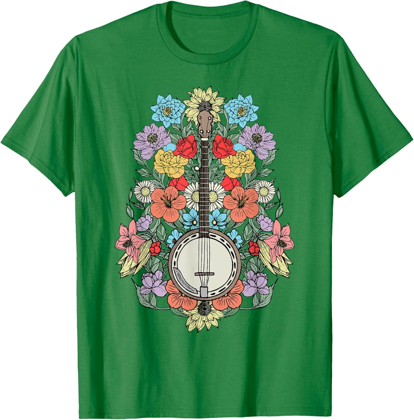 Banjo Flowers Vintage Stringed Bluegrass Folk Floral Design T-Shirt - T-Shirt | Irish Green