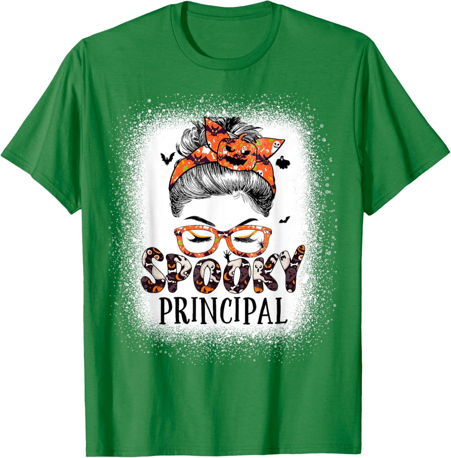 Messy Bun Spooky Principal Bleached Halloween Pumpkin T-Shirt - T-Shirt | Irish Green