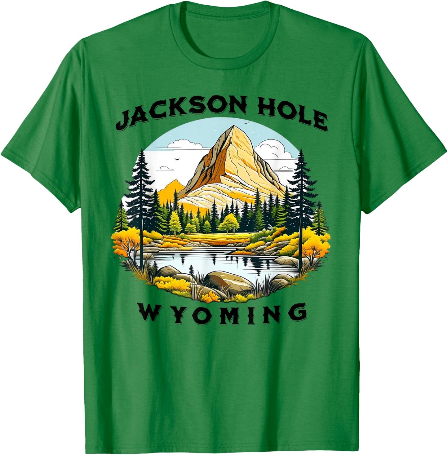 Jackson Hole Wyoming USA Outdoor Vintage -Adults, -Kids Cotton 50%, Polyester 50% Modern Nature Hiking Casual Short Sleeve Small Yellow T-Shirt - T-Shirt | Irish Green