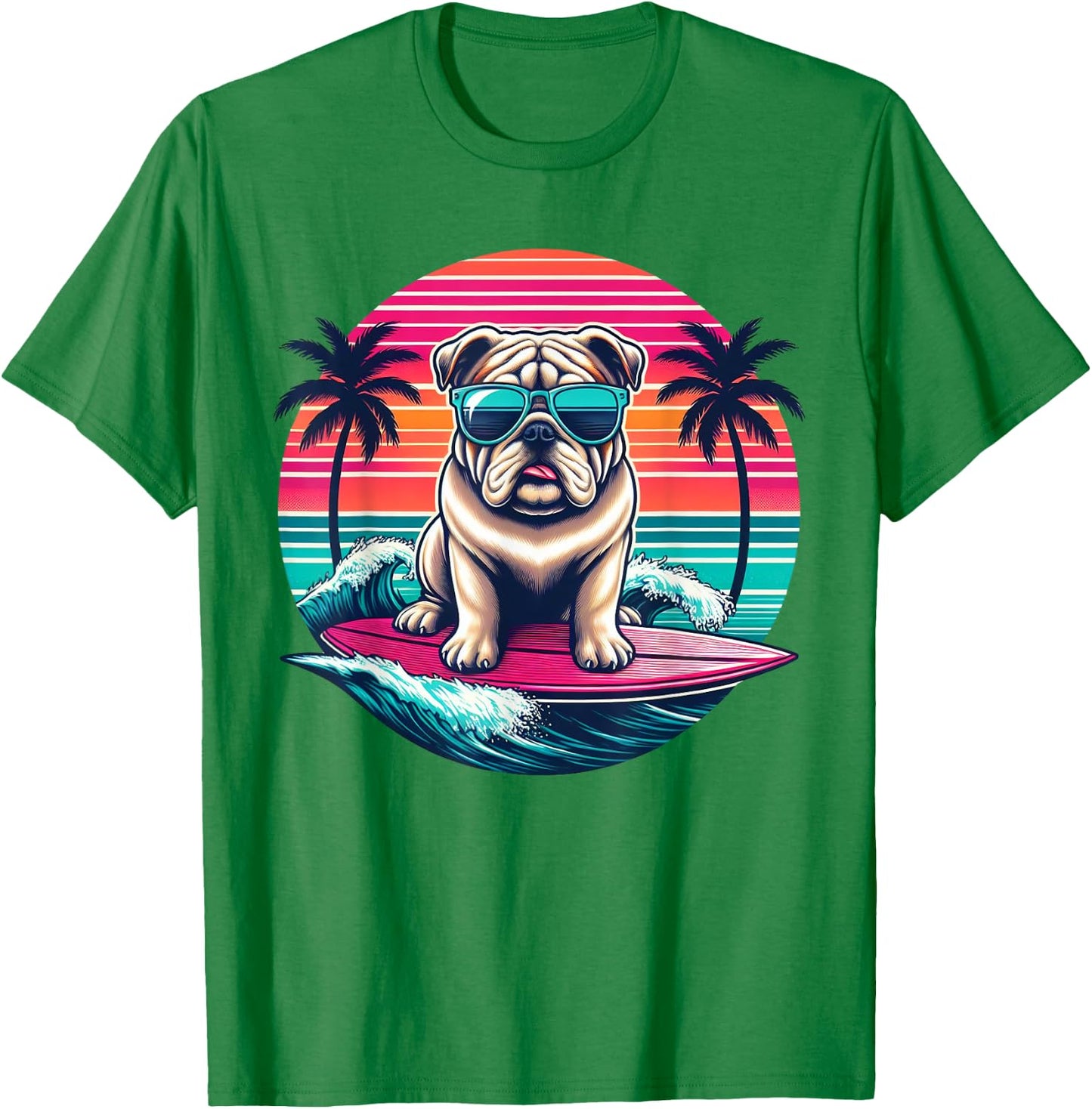 Surfing English Bulldog Retro Sunset Men Women Kids T-Shirt - T-Shirt | Irish Green