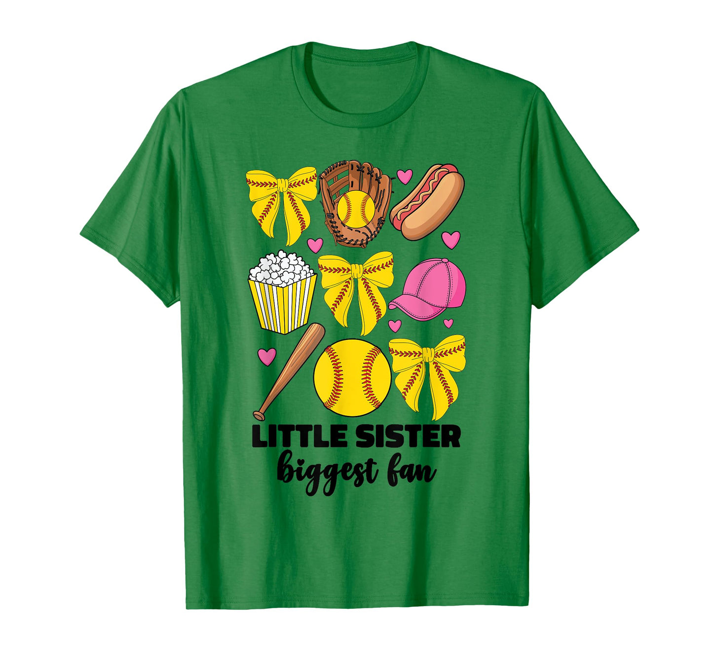 Little Sister Biggest Fan Softball Teen Girls Coquette Bow T-Shirt