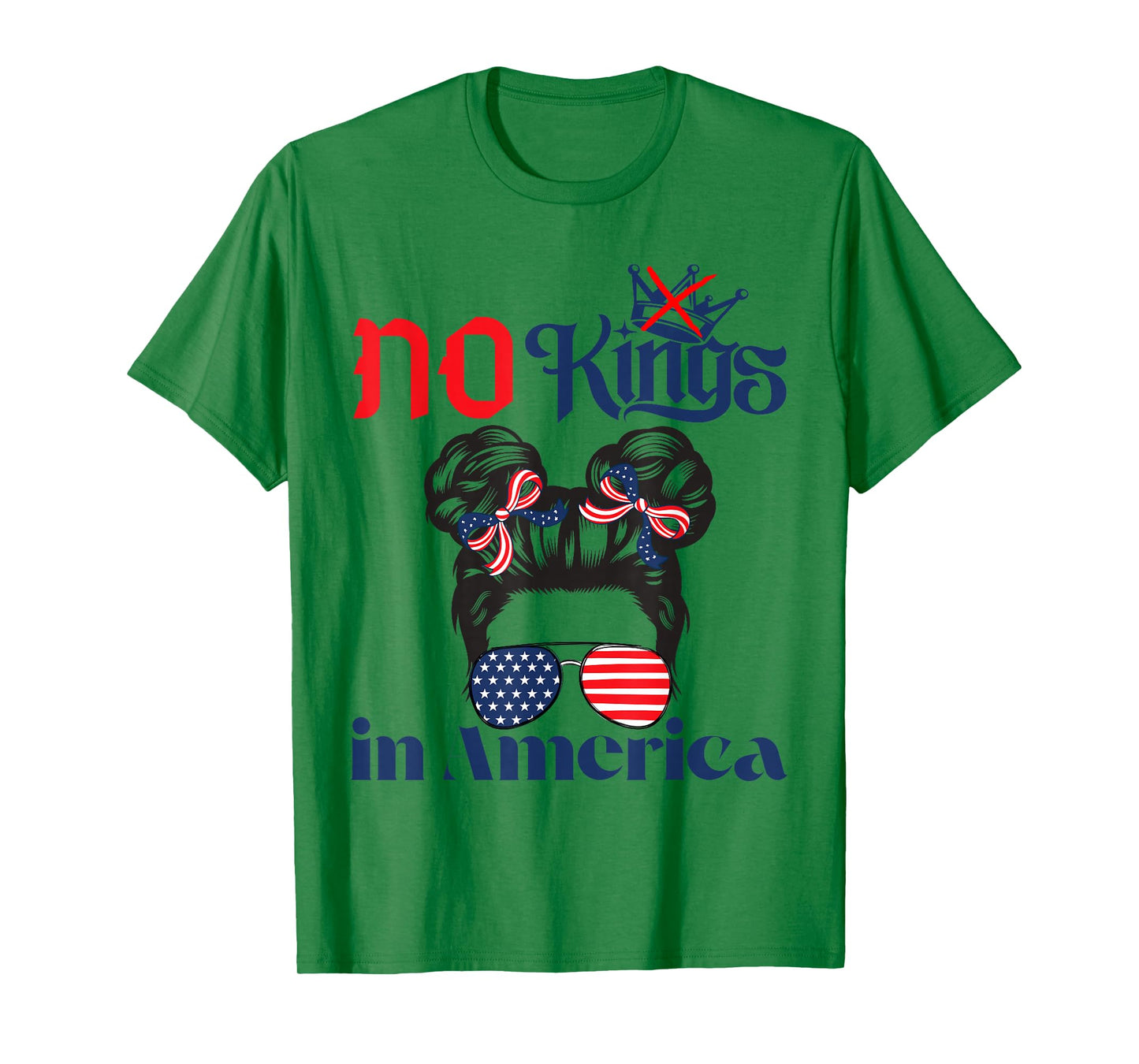 No Kings in America Messy Bun USA Flag Patriotic 4th of July T-Shirt