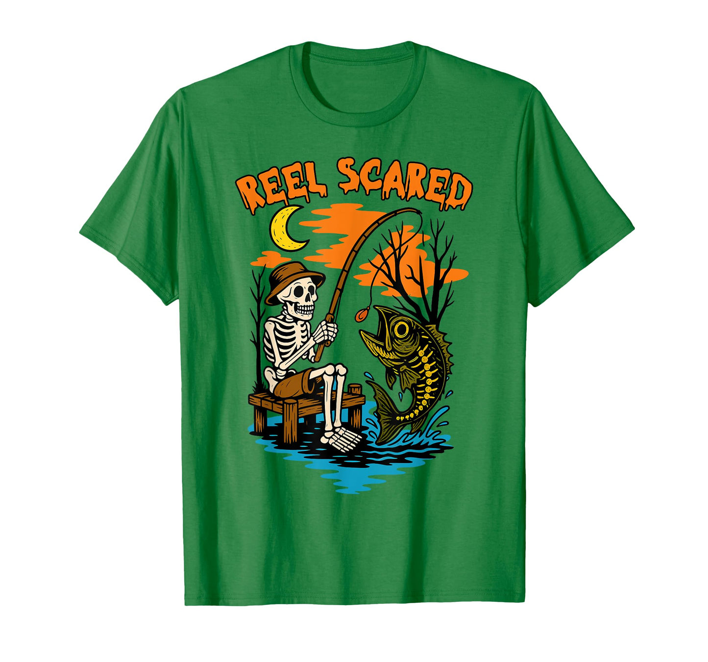 Vintage Reel Halloween Scared Fishing Skeleton Fisherman T-Shirt