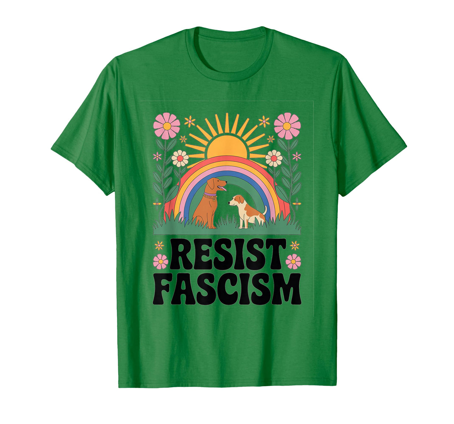Dogs Resist Fascism Retro Groovy Rainbow No Kings Hippie T-Shirt