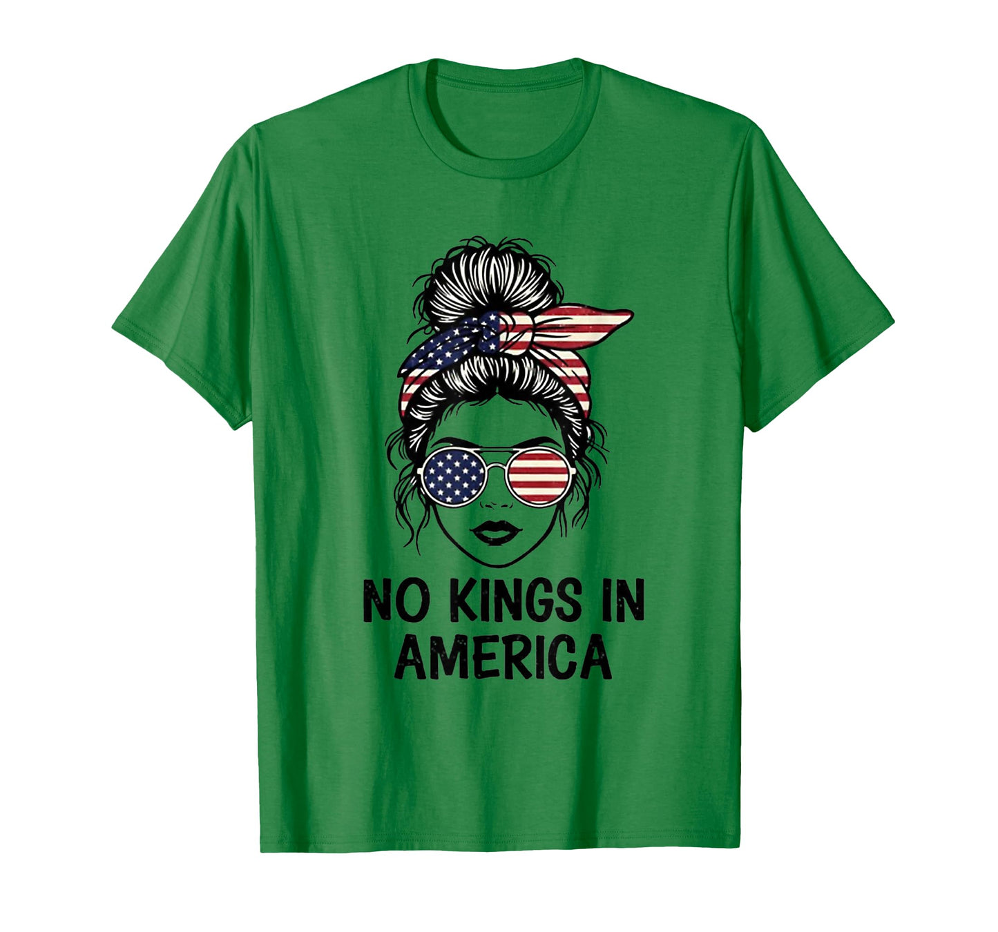No Kings in America Women Messy Bun USA Flag T-Shirt