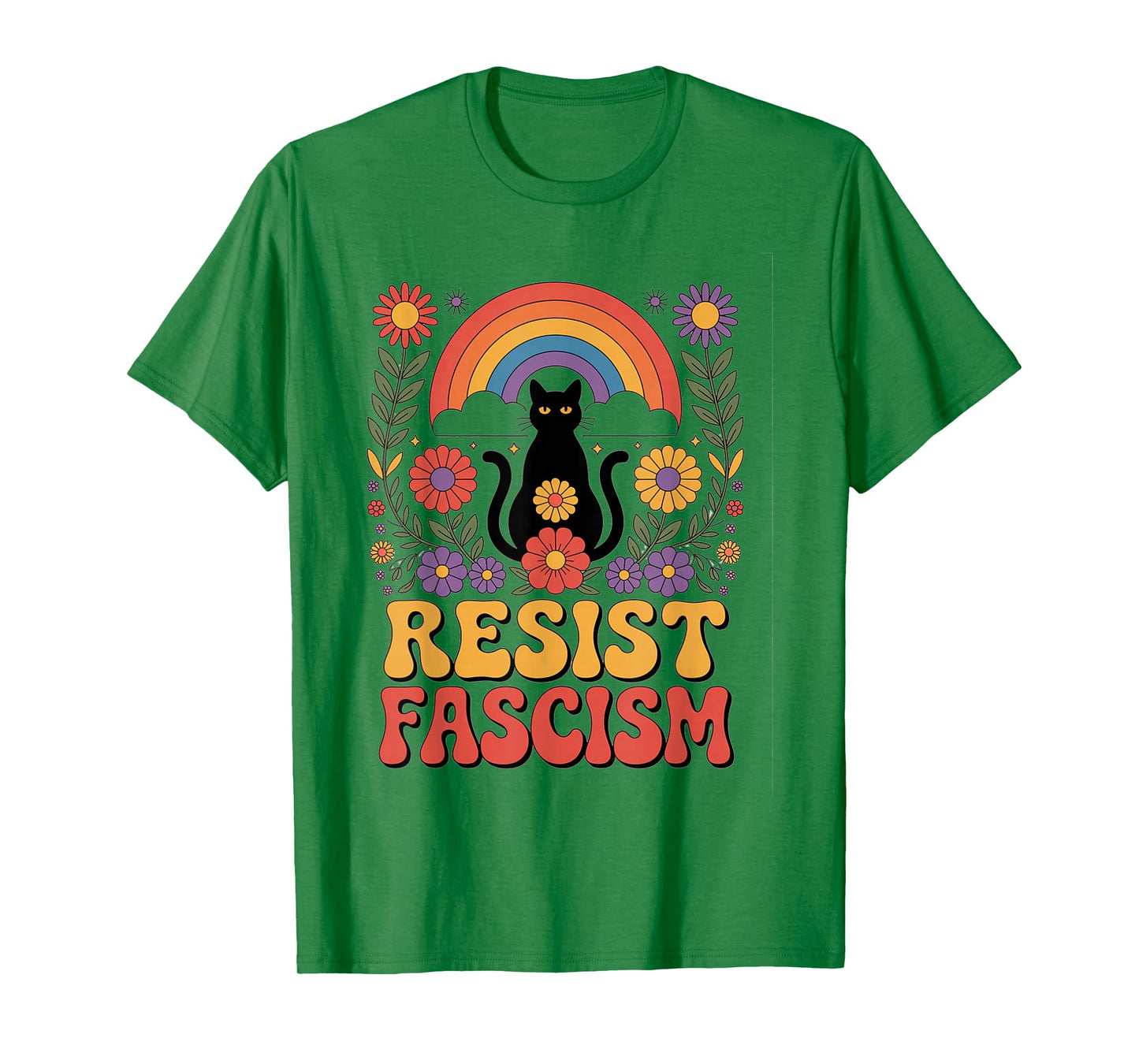 Cat Resist Fascism Retro Groovy Rainbow No Kings Hippie T-Shirt