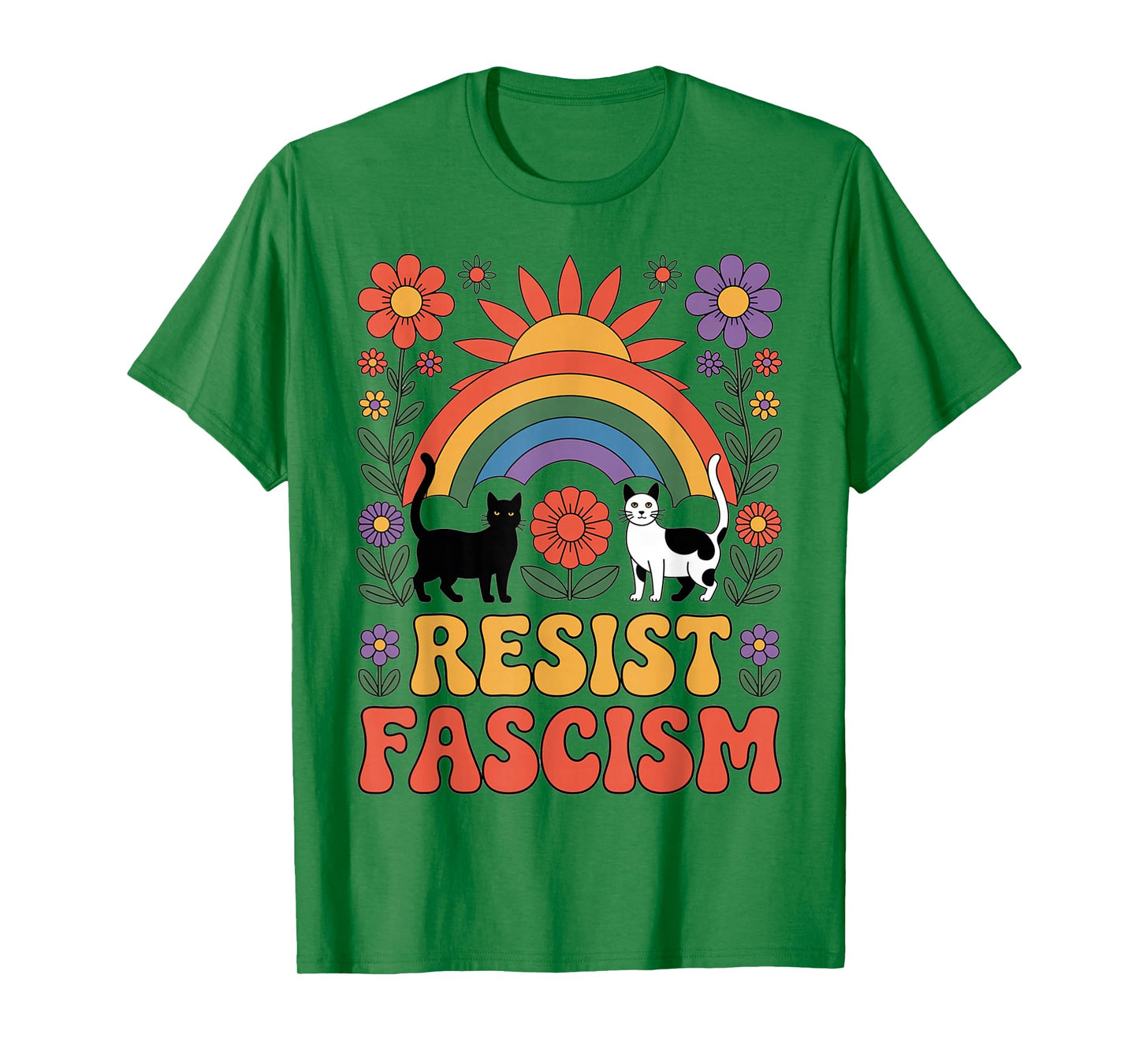 Cats Resist Fascism Retro Groovy Rainbow No Kings Hippie T-Shirt