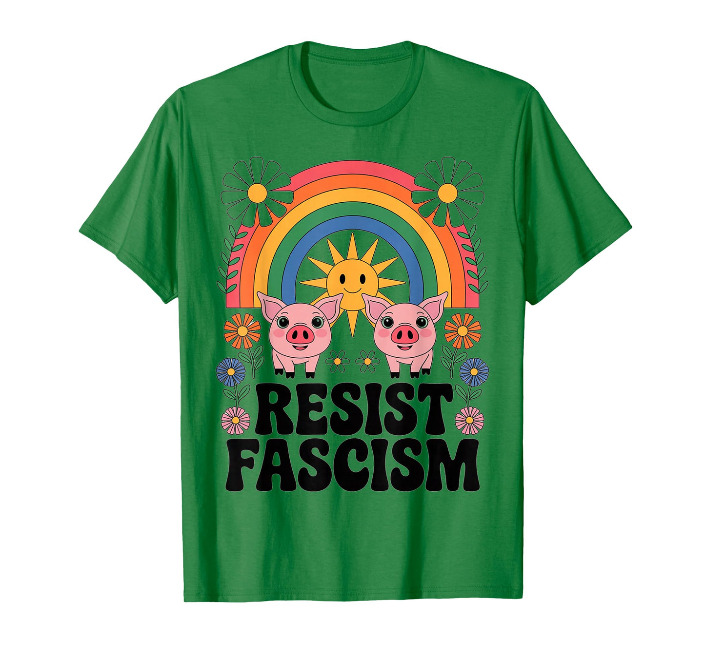Pigs Resist Fascism Retro Groovy Rainbow No Kings Hippie T-Shirt