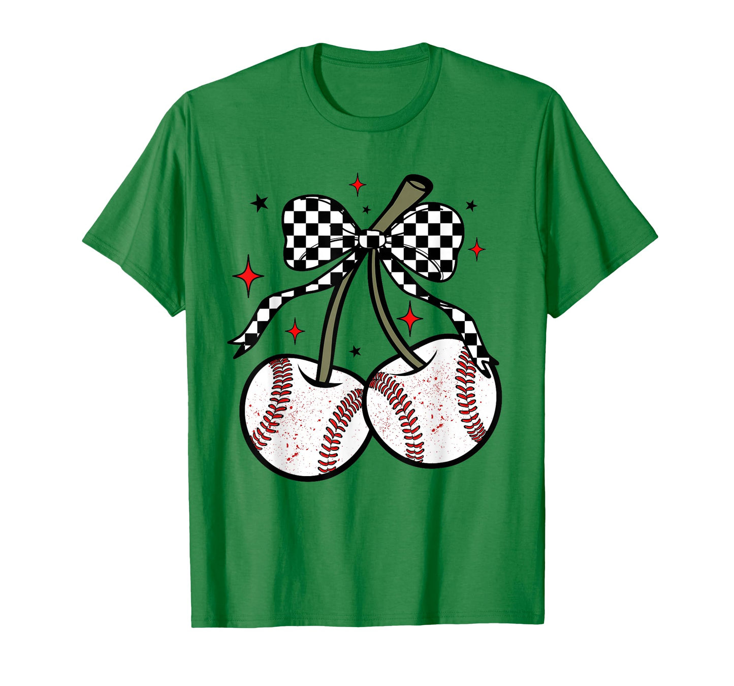 Baseball Cherries Coquette, Checkered Baseball Bow Girls T-Shirt