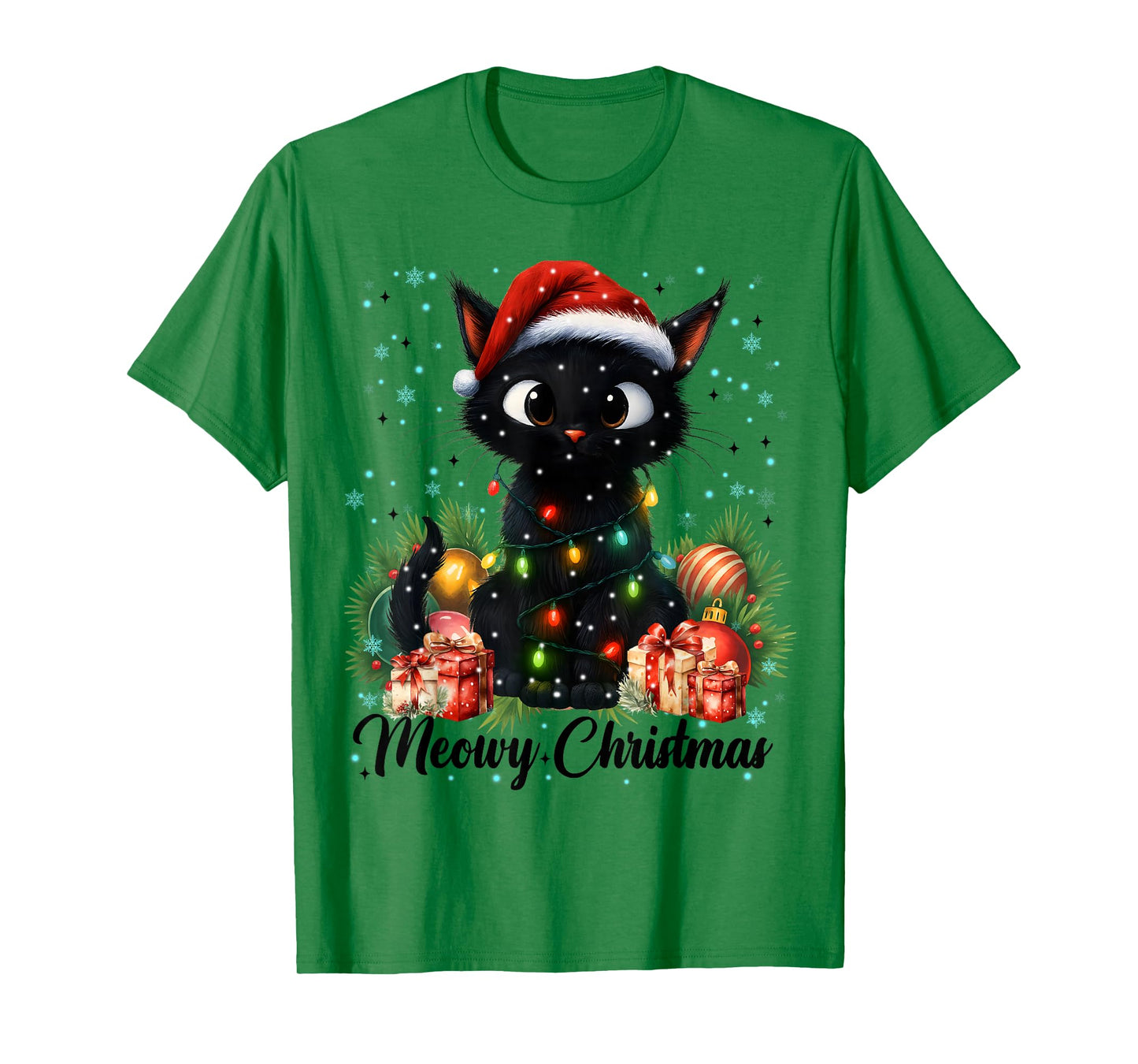 Moewy Christmas Black Cute Cat Santa Hat Xmas Women Girl T-Shirt