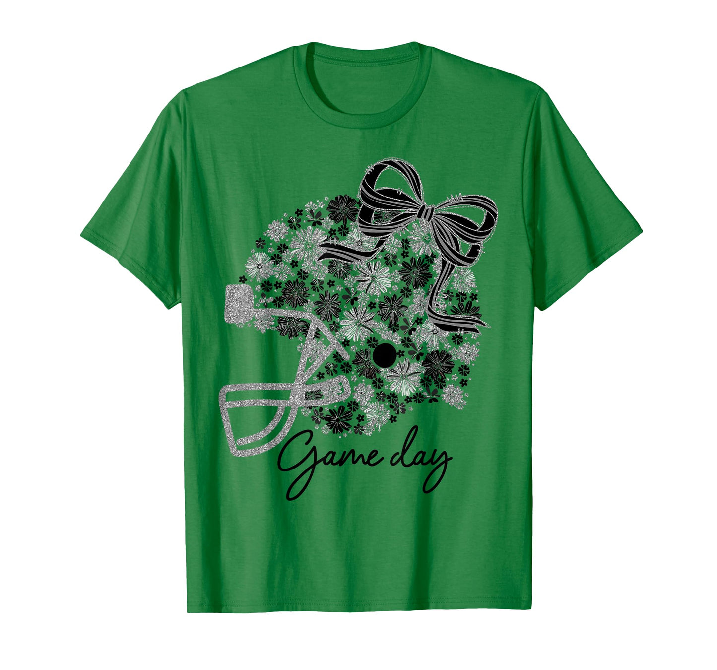Floral Football Game Day Girly Team Spirit Black & Silver T-Shirt