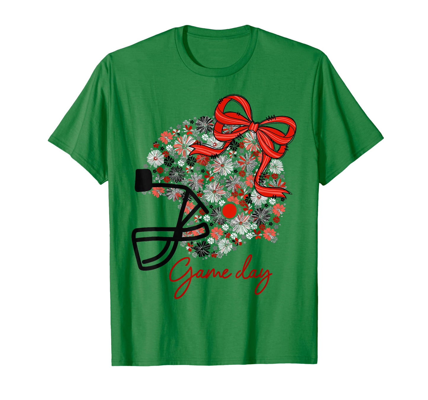 Floral Football Game Day Girly Team Spirit Black Red & White T-Shirt