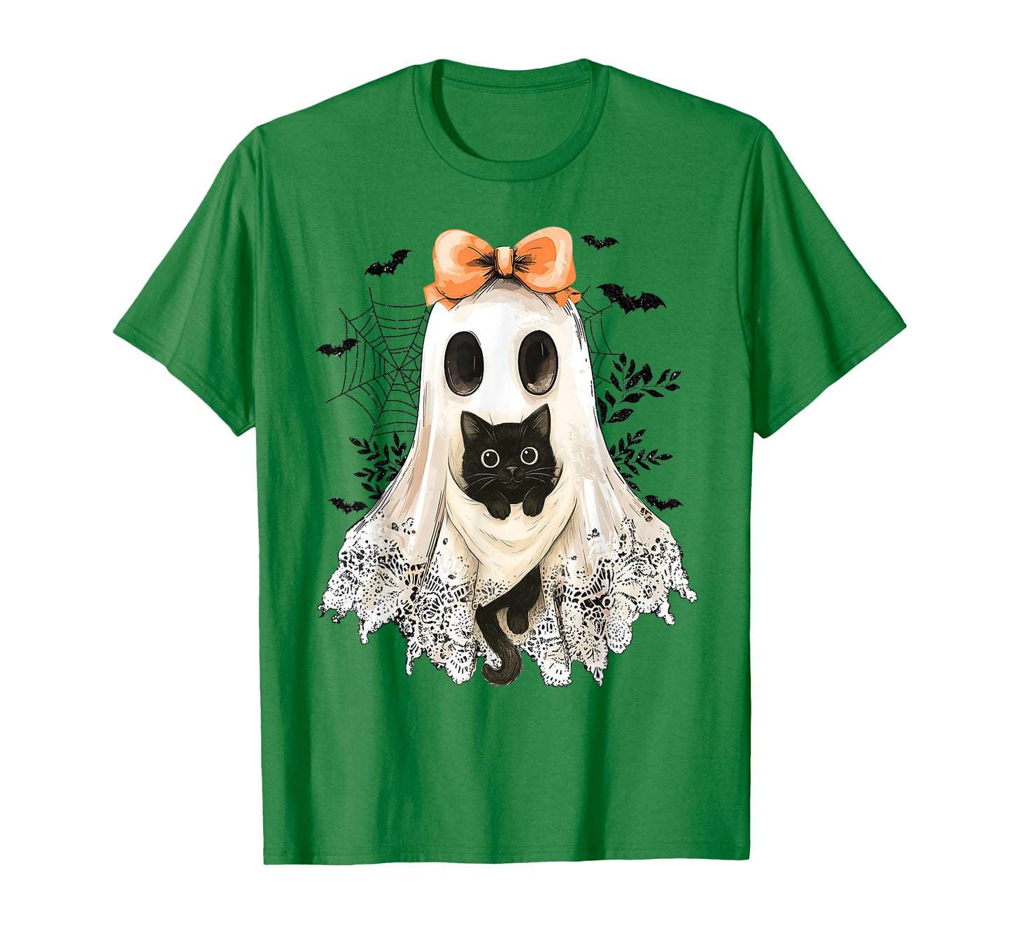 Retro Lace Ghost Coquette Black Cat Spooky Halloween Women T-Shirt
